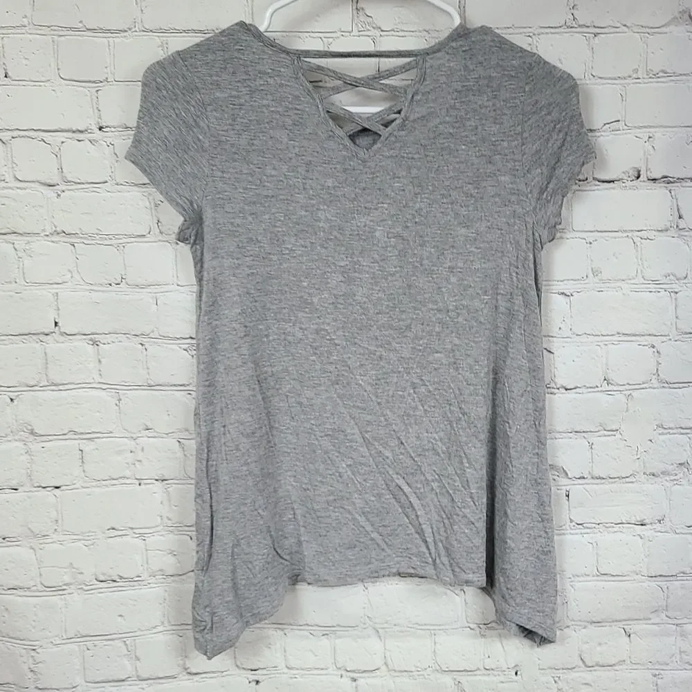Justice Gray Short Sleeve Tee Girls 10 Be happy Glitter Heart Dog Sunglasses Top